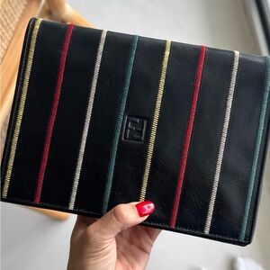 FENDI Rare Vintage Black Leather Stitched Clutch